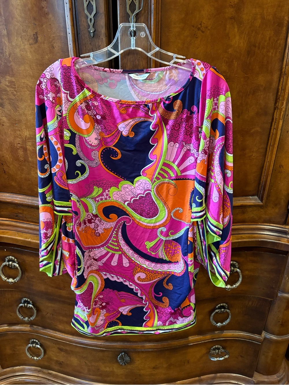 Trina Turk Pink Paisley Scoop Neck Tunic with Orange & Lime Accents